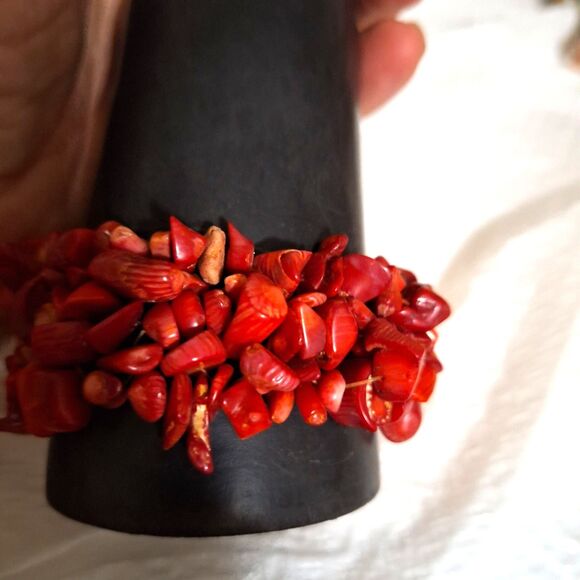 A Red Coral Women's Bracelet Bangle Cuff Beachy Boho Coastal Tropical Chunky - Picture 5 of 8
